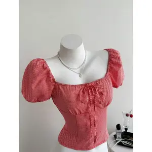 French Style Form-Fitting Gingham Blouse With Square Neck, Puff Sleeves, Front Drawstring And Smocked Back Tie, Casual Vacation Vibe, Ideal For Daily Wear, Brunch, Mix-And-Match Outfits And Trendy Everyday Fashion