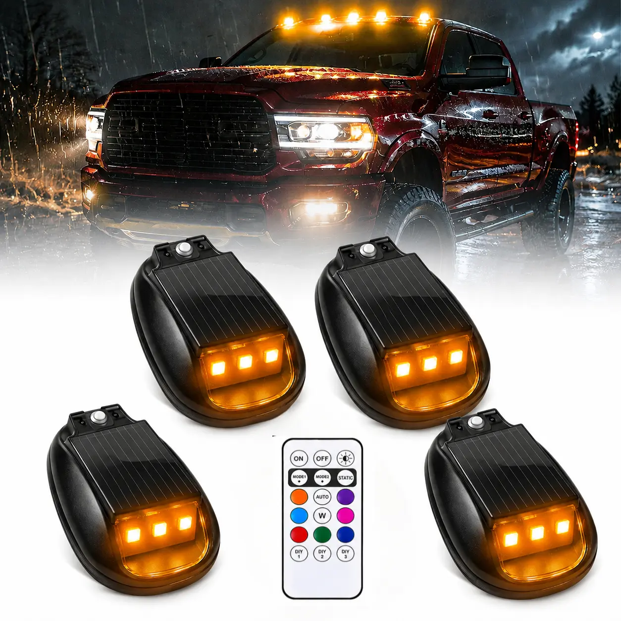 Solar RGB Wireless Roof Strobe Lights with Remote Control, No-Drill Waterproof LED Warning Lights for Cars SUVs Trucks Jeeps, 8 Color Cab Marker Lights for Night Driving & Camping puddle
