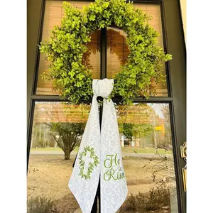 He is Risen! Beautiful Easter Cross with Greenery Wreath Sash on Beautiful Blue & White Floral fabric, Door Wreath Sash wreath sash, monogram door decor