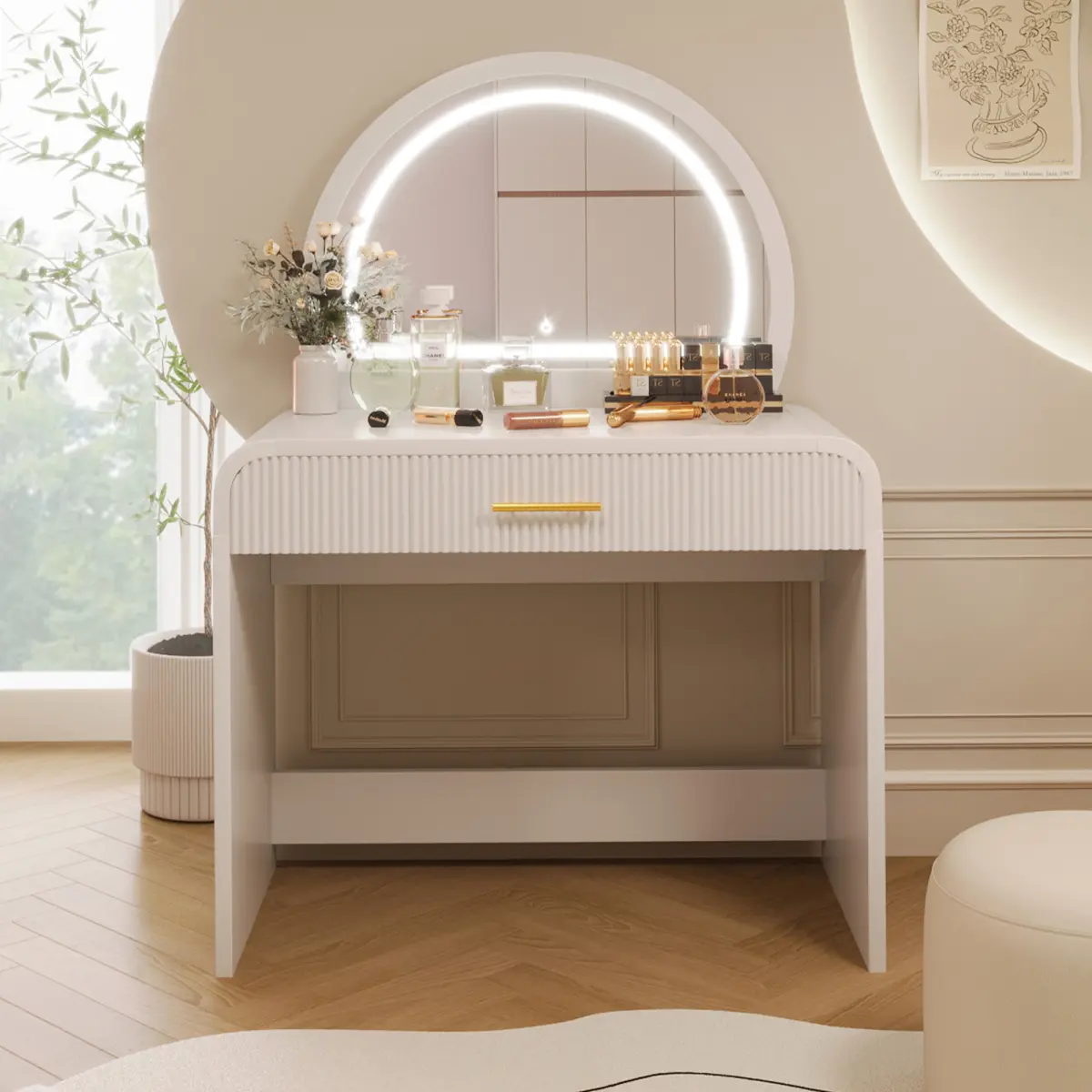 Aobtkel 39" Stand-Alone Illuminated Makeup Vanity Table, White Bedroom Dressing Table with Touch Screen Lighted Mirror and Drawer, Illuminated Makeup Vanities, Stand-Alone Makeup Vanities