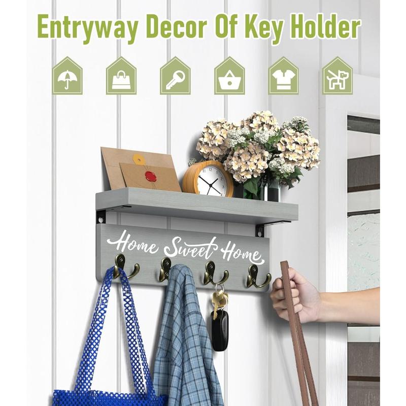 Wall-Mounted Key and Mail Holder, Wooden Key Rack With 4 Double Key Hooks, Rustic Home Decor for Entryway (Gray)