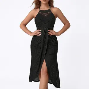 Women's Black Halter Neck Crochet Hollow Out Midi Dress with Side Slit & Tie Waist – Ruched Bodycon Summer Party Dress