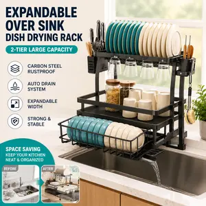 Expandable Over Sink Dish Drying Rack, 2-Tier Carbon Steel Kitchen Organizer with Auto Drain, Large Capacity Dish Drainer