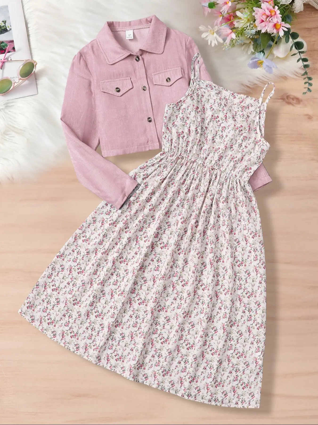 Girl's Solid Button Front Outwear & Ditsy Floral Print Cami Dress Two-piece Set, Casual Long Sleeve Collared Outerwear & Sleeveless A Line Dress for F