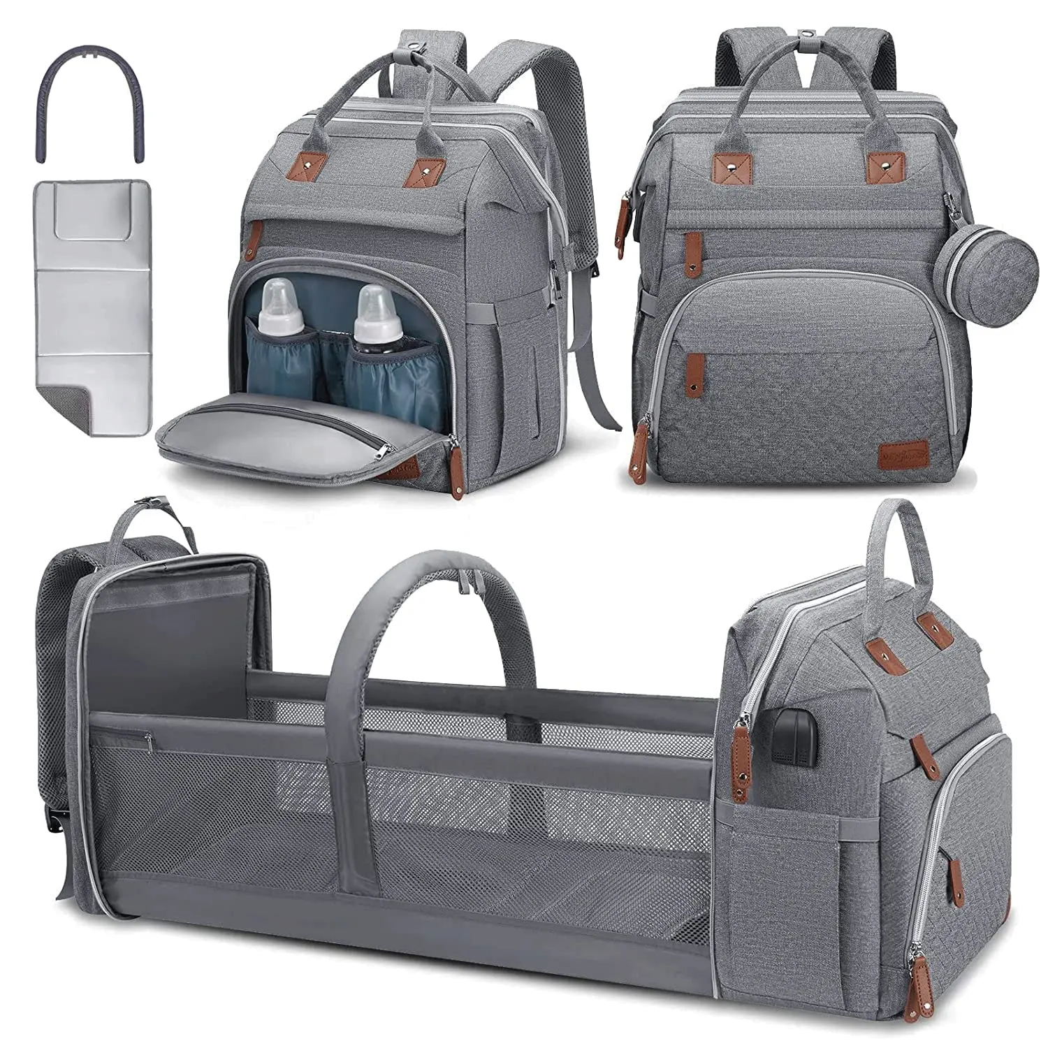 Diaper Bag Backpack Large Capacity with Changing Mat Waterproof Travel Backpack for Boys Girls Multifunctional Baby Bag USB Charging Port Gray