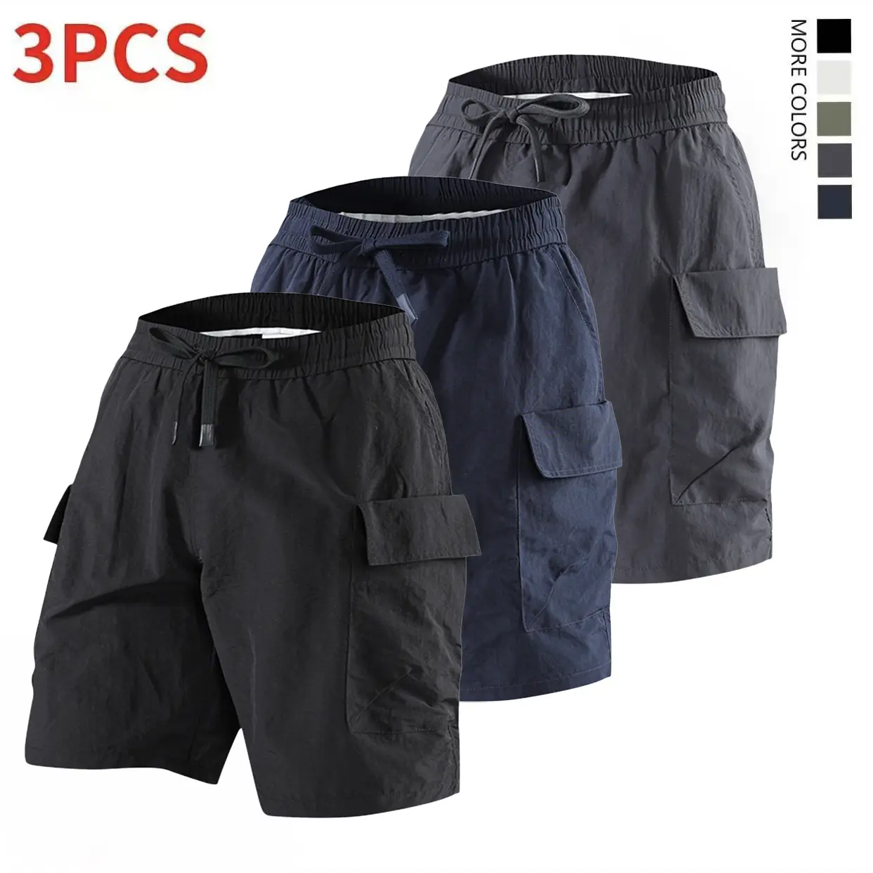 Men's 3-Pack Polyester Athletic Shorts - Adjust-Fit, Elastic, Lightweight, Multipocket, Pullstring Mid-Waist, Breathable Plain, Multiple Practical Pockets, Mid-Length for Summer & Everyday Wear, Adjust-Fit Men's Shorts, Elastic Men's Shorts