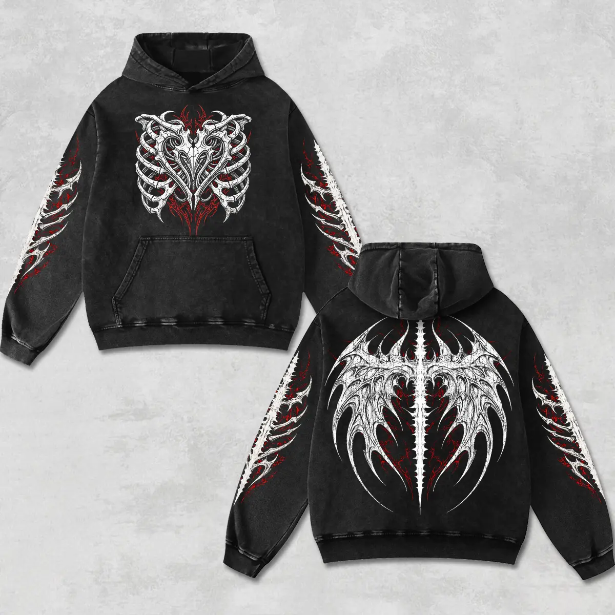 Retro Red White Skeleton Ribcage Wings Motorsport Hoodie Black Acid Washed, Cyber Sigilism Biker Streetwear, Dark Grunge Heavyweight Sweatshirt, Motorbike Rider Pullover, Retro Moto Gear Apparel Men’s Racing Jacket Style Oversized Vintage Clothes
