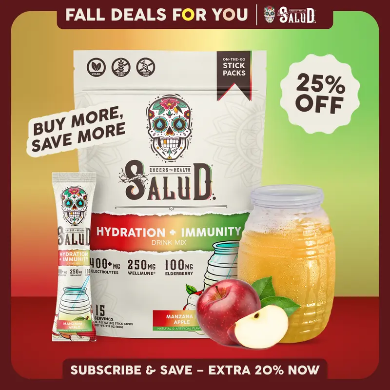 Salud 2-in-1 [Hydration + Immunity - Manzana | Apple]  Agua Fresca Drink Mix, Elderberry, Dairy & Soy Free, Non-GMO, Gluten Free, Vegan, Low Calorie, 1g Sugar (15 Servings)