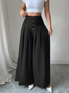 A women's fashionable solid color button design flare pants, suitable for spring and summer, ideal for commuting, daily casual wear, and indoor/outd