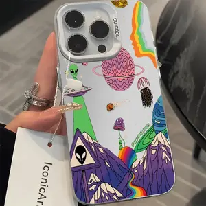 A laser anti-drop phone case with alien spaceship and planet patterns, suitable for iPhone 17 Air/16 Plus/15 Pro Max/14 Pro/13/12/11/XS Max/X phone case, perfect choice for holiday gifts for family, friends, lovers, boyfriends, girlfriends CY346
