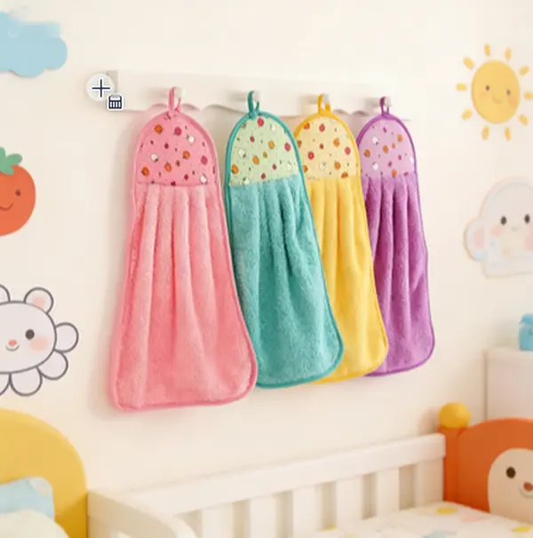 4 ultra soft kitchen and bathroom hanging hand towels with super absorbent properties, equipped with hanging rings for convenient daily use.