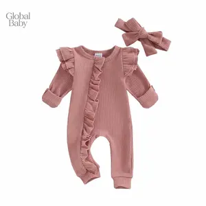 Global Baby Girl Summer Outfits Ruffle Sleeveless Solid Color Romper with Headband Set Newborn Clothes Infant Girl Autumn Jumpsuit Solid Color Round Neck Flying Sleeve Ruffled Zipper