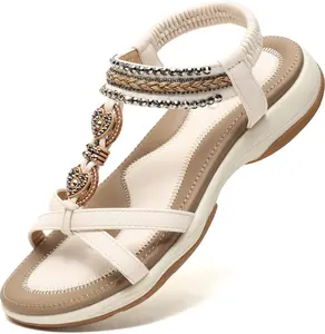 Women Sandals Walking Flats Summer Beach Sandals Arch Support Casual Dressy Shoes for Women Elastic Ankle Strap Jeweled Bohemian Shoes