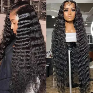 34inch Deep Wave Lace Front Wigs Human Hair 13x6 HD Transparent Human Hair Lace Front Wigs for Women 180% Density Deep Curly Human Hair Wigs Pre Plcked Deep Wave Lace Frontal Wigs