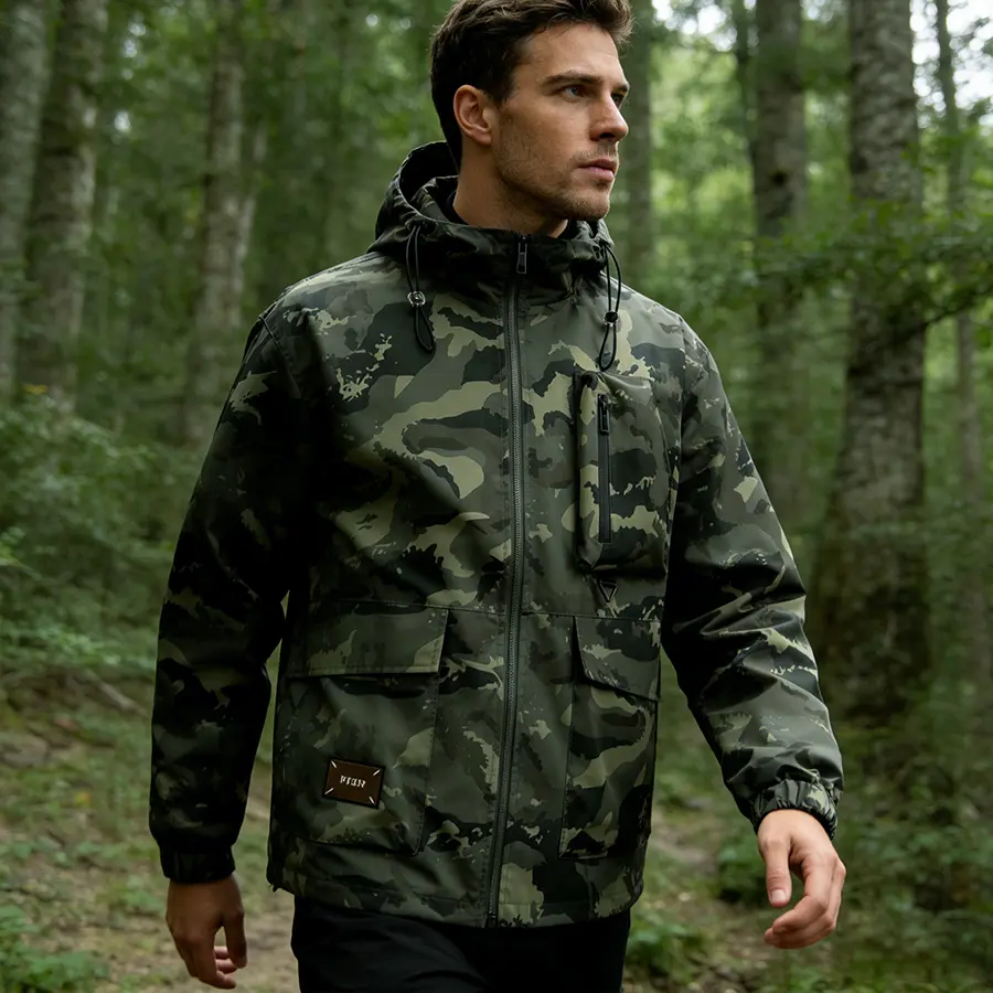 Men’s Fitted Hooded Camouflage Softshell Coat - Long Sleeve, Windproof, Waterproof, Breathable, Lightweight, Zipper-Pocket, Sports Fabric Casual Spring/Autumn Outdoor Coat, Coats