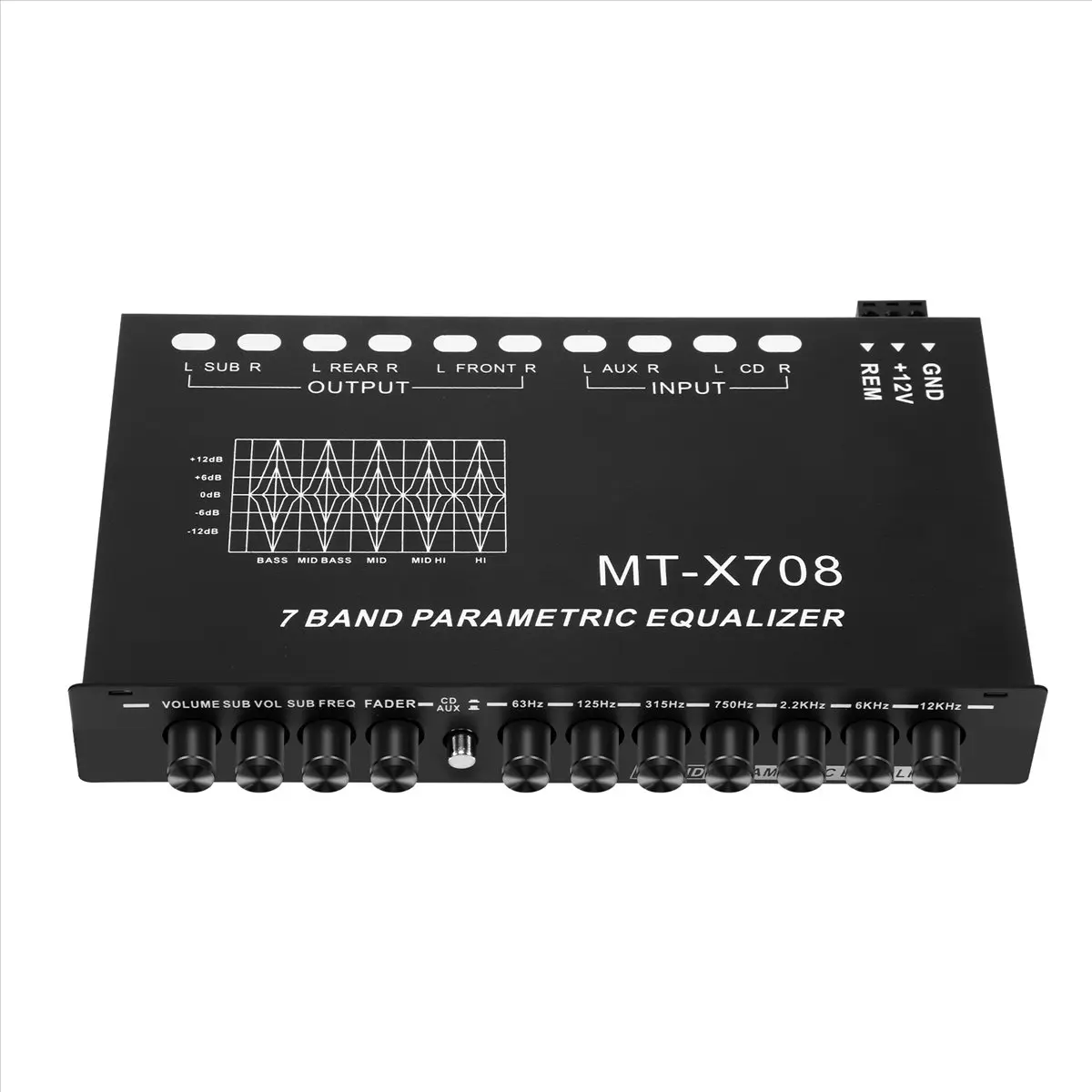 12V Metal 7-Band Car Audio Equalizer Unit - Car Stereo Upgrade Component, Adjustable Bands, 6-Channel Output, 30Hz-120Hz Subwoofer Frequency Control, Sub Bass Shaping, CD/AUX Input Select Switch, Volume Control, RCA Rear Outputs, Black, Amplifier Required