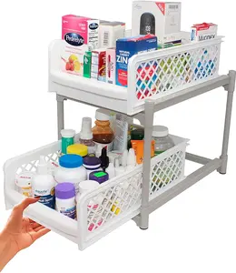 Skywin Under Cabinet Storage Drawers Slide Out - Sliding Drawers for Inside Cabinets and Under Sink Drawer Organizer 2 Tier Pull Out Cabinet Organizer