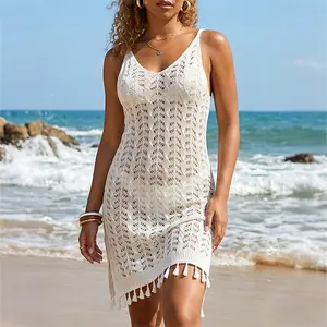 Leaf Openwork Knit Tassel Hem Beach Cover Up Dress