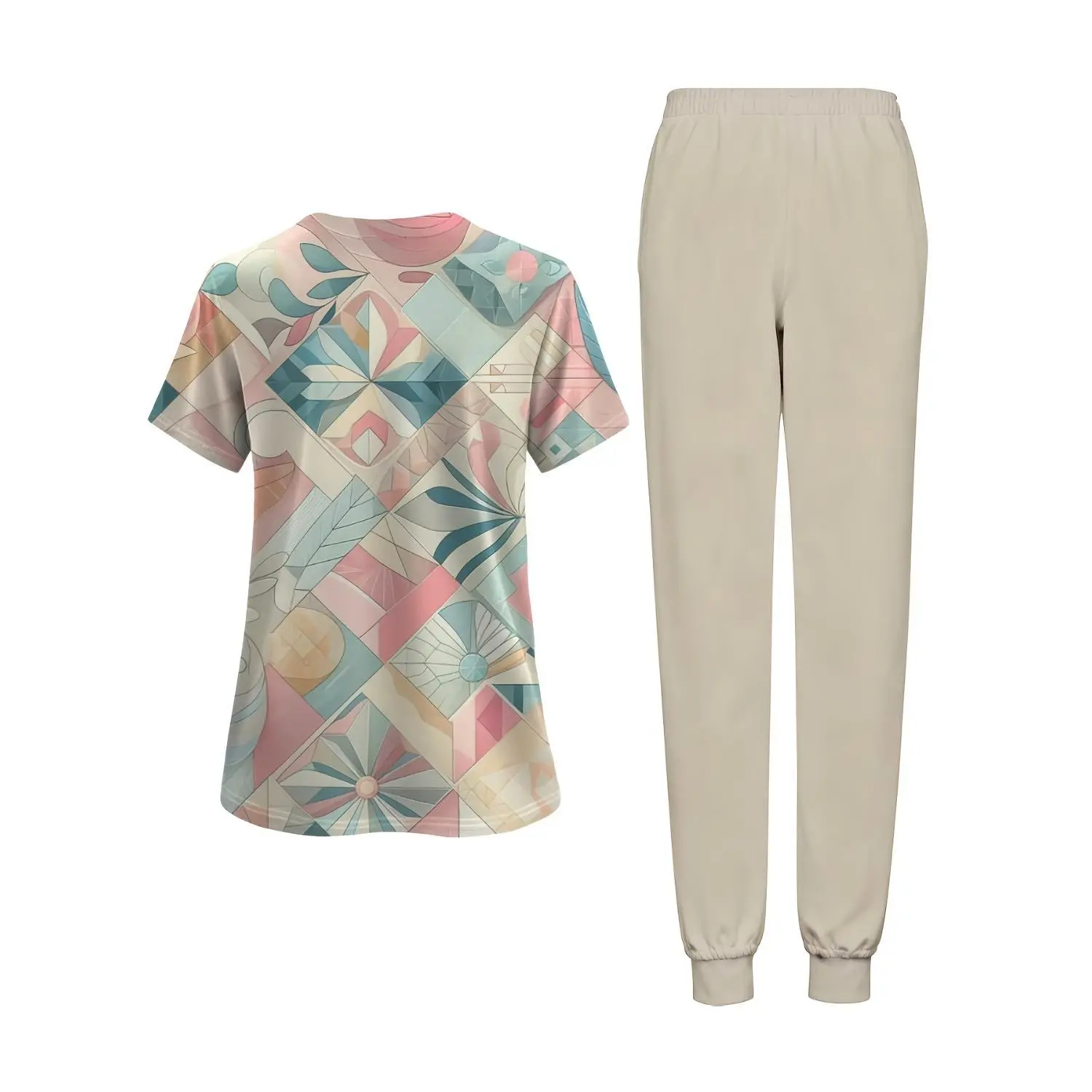 Women's Fashion Two-Piece Set: V-Neck Short Sleeve with Pockets & Geometric Floral Print - Perfect for Work & Casual Wear - Comfortable All-Season Spring & Summer Outfit