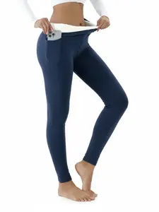 Thickened fleece-lined leggings with pockets for women, autumn and winter high-waist slim-fitting thermal pants, solid-color sports, fitness, yoga, and running long pants, Gym Workout Leggings