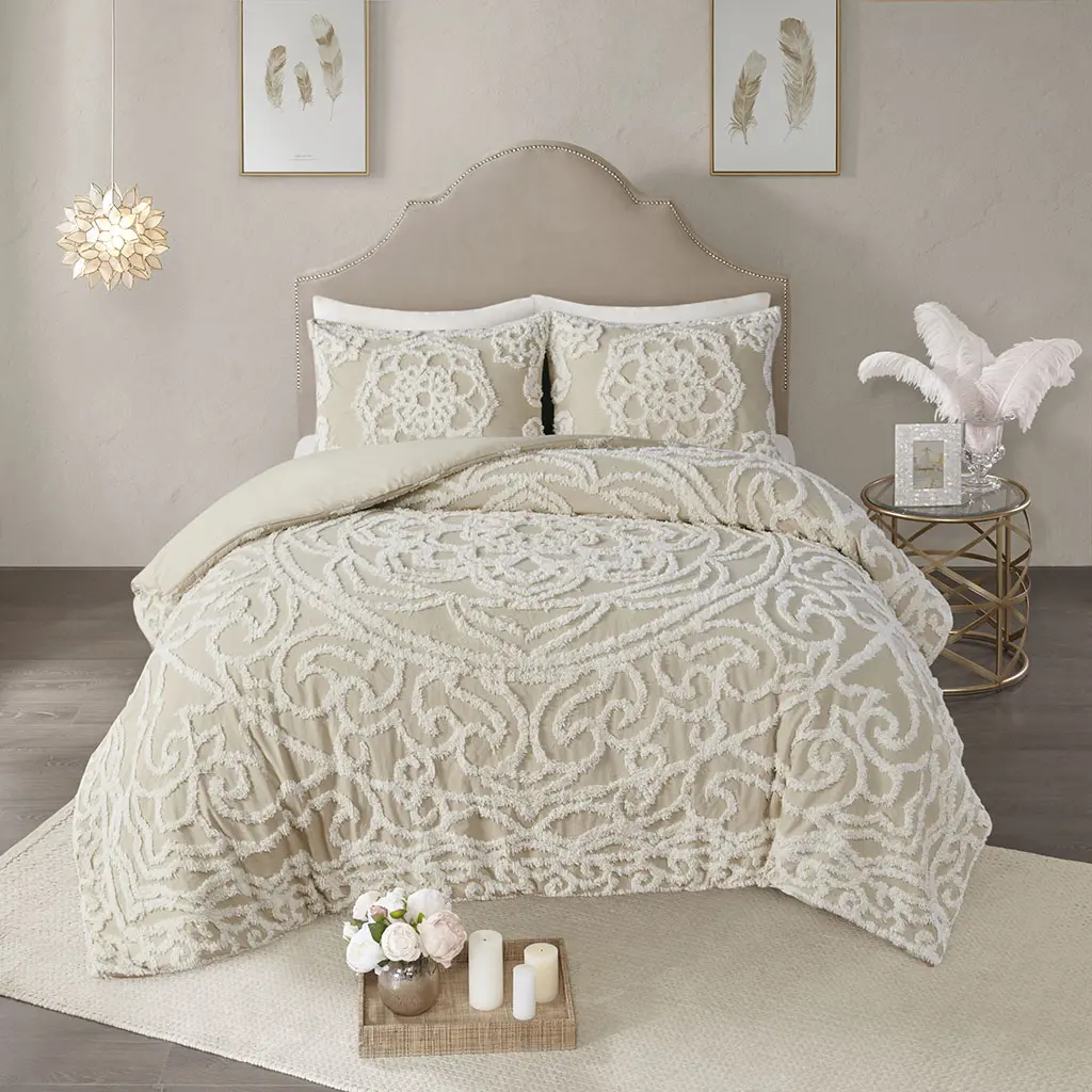 Boho 3-Piece Tufted Cotton Chenille Medallion Duvet Cover Set, Bedroom Bedding Set, Insert Not Included, Boho Bed Set