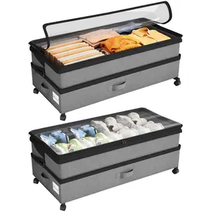 Under Bed Storage with Wheels 2Pack Height-adjustable Under Bed Storage Containers,Under Bed Shoe Storage Organizer with Clear Window&Label, Suitable for Clothes Storage, Gray