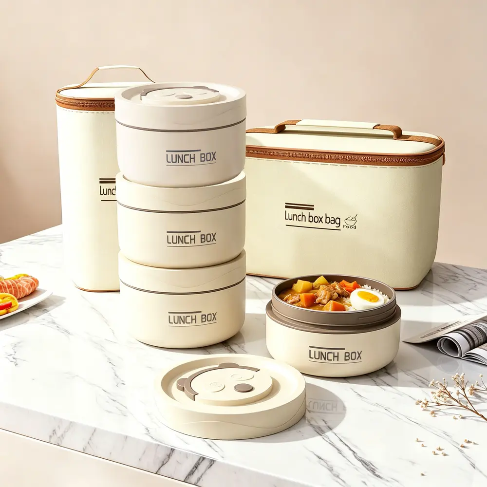 304 Stainless Steel Lunch Box - Student-Focused Lightweight Bento Container with Lid, 1-2 Hour Consistent Heat Preservation, Trendy Beige Exterior (Car Interior Accessory Decoration)