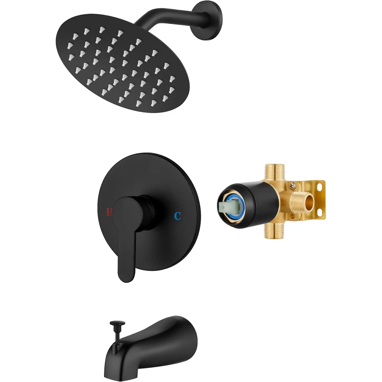 Shower Faucet Set with Tub Spout,6" Bathtub Faucet-Matte Black | Male Threads Rough-In Valve,Round Head Shower System,Tub and Shower Kit Set