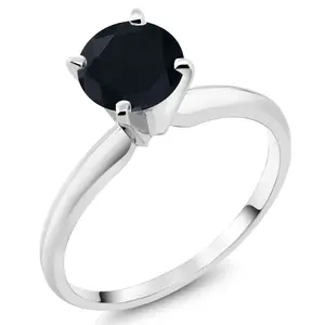 Gem Stone King 14K White Gold Black Onyx Solitaire Engagement 4-Prong Ring For Women | 0.80 Cttw | Round 6MM | Gemstone December Birthstone