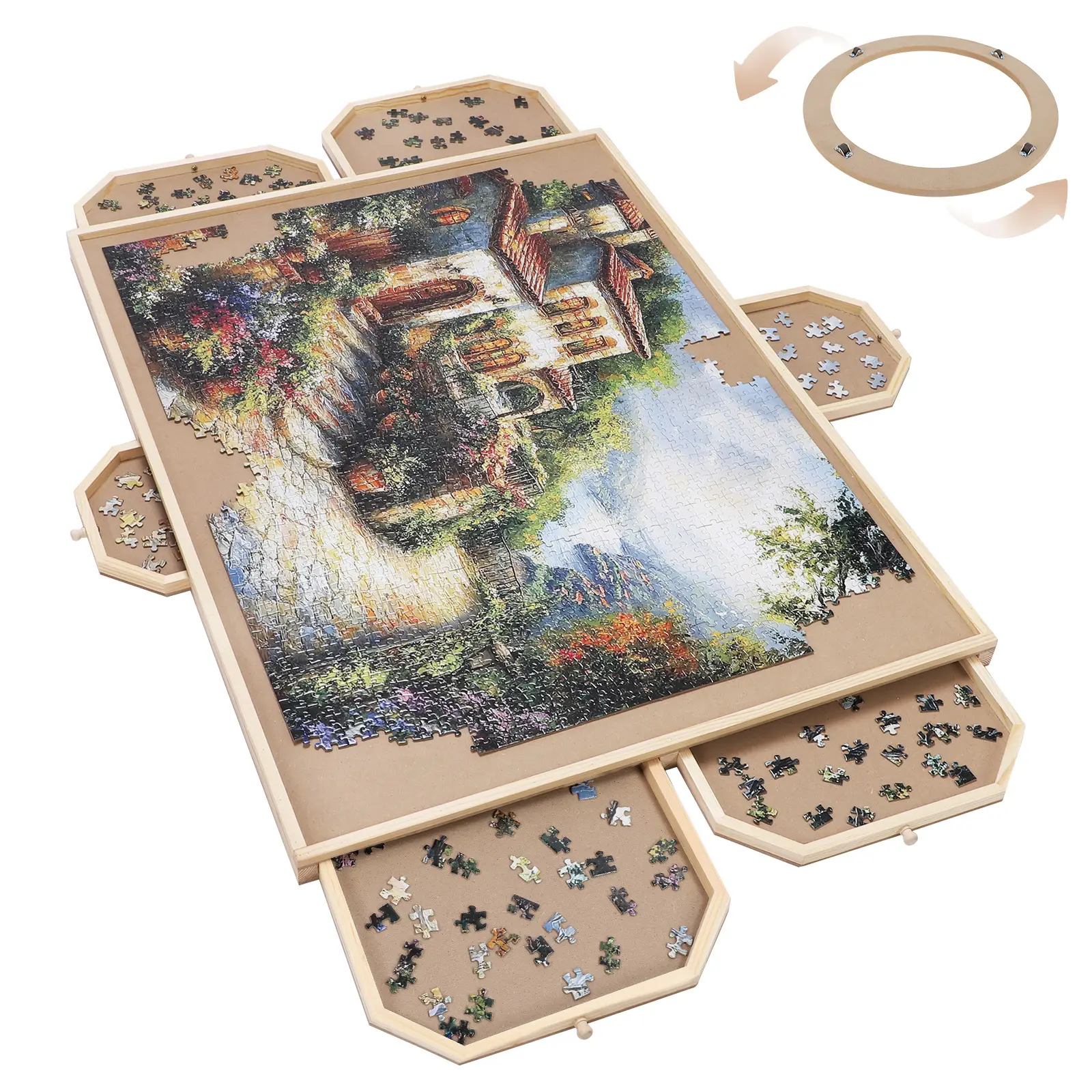 Fygurso 1500Pcs Wooden Jigsaw Folding Puzzle Board, 35'' x 27'' with 6 Drawers & Protective Cover, Portable Table for Adults Kids