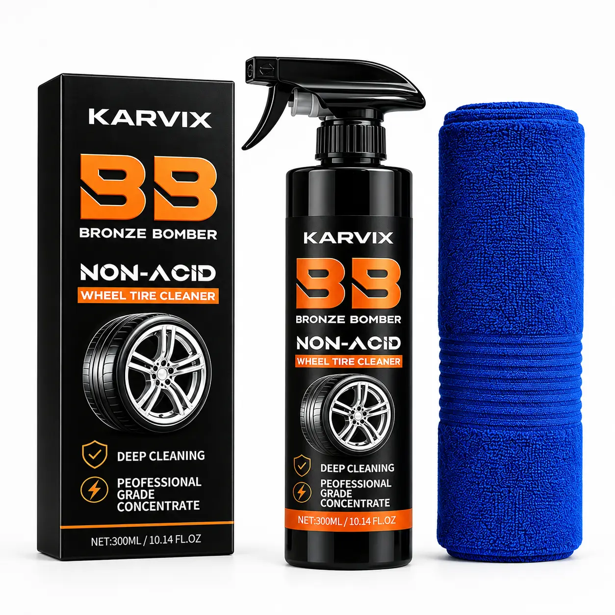 KARVIX B3 Concentrated Non-Acid Wheel & Tire Cleaner Spray, 10.14 Fl Oz Automotive Cleaning Solution with Microfiber Towel, Removes Brake Dust, Road Grime, Dirt and Tire Grime