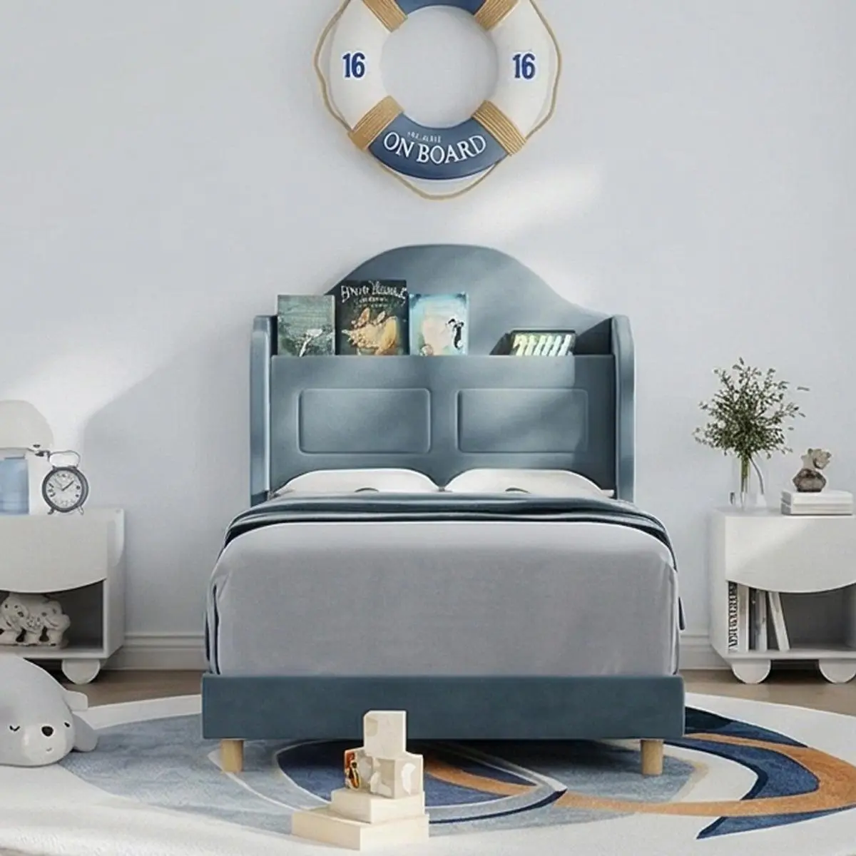 Garvee Twin Velvet Upholstered Built-In Storage Platform Bed - Soft Padded, App-Controlled LED Lights, Wingback Bookcase Headboard, Sturdy Silent 350lb Capacity Metal Frame, Easy Setup (Blue, Beige)