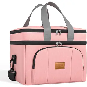 Lunch Box for Women, Double Decker Insulated Cooler Bag Lunch Bag  Leakproof Tote Lunch Container with Strap for Work Family Picnic Hiking Camping, 18 Cans 12L, Large Adults, Rose