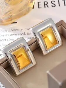 Elegant Long Rectangle Colorblock Earrings, Stainless Steel Plated Studs, Fashionable European & American Style Jewelry