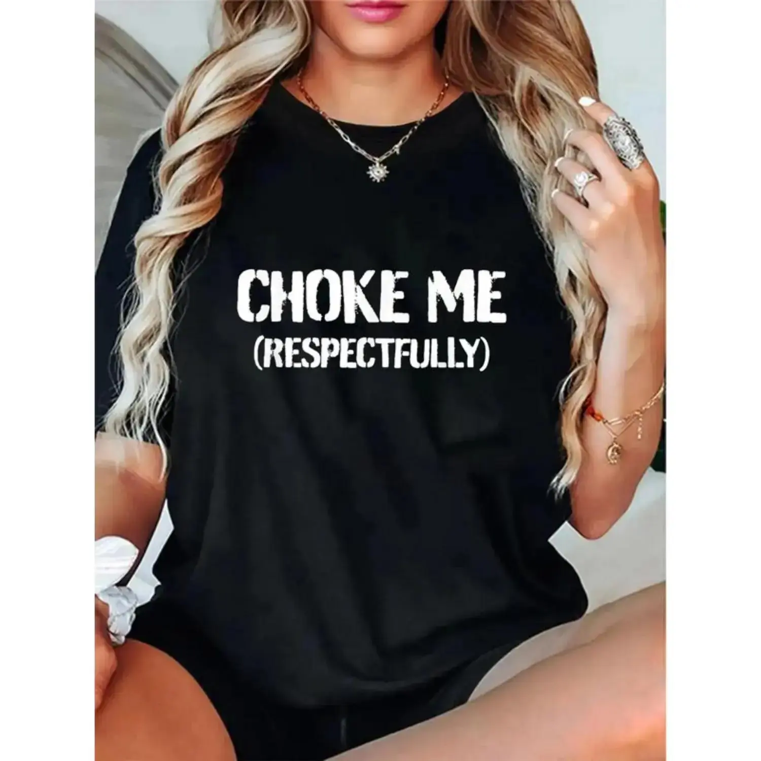 Women's 100% Cotton Short-Sleeve Graphic Tee, Smooth Essential Comfy Unisex Funny "Choke Me Respectfully" Everyday Casual Top