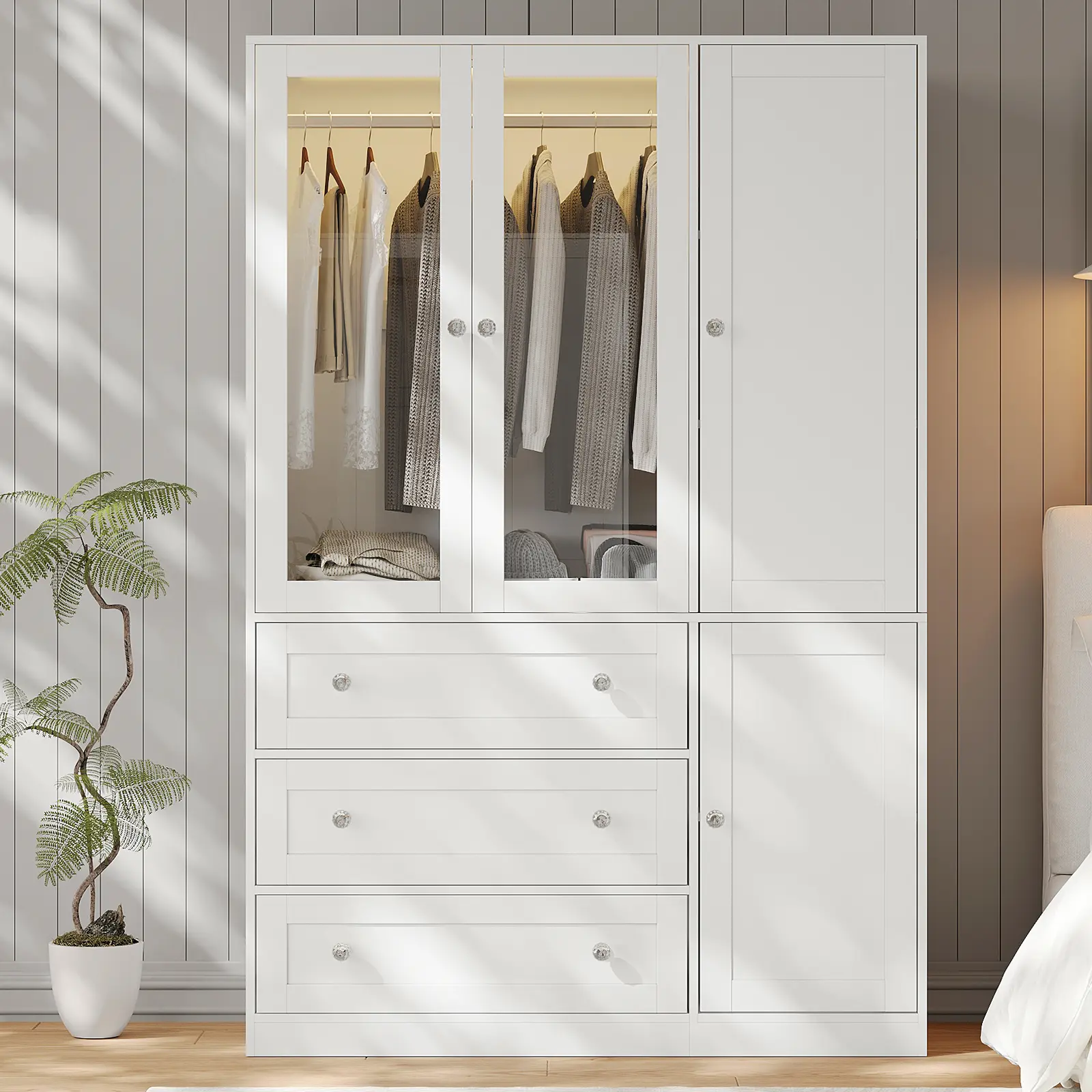 【2 Package Delivery】VOWNER Modern Double Glass-Door Wardrobe with Side Cabinets 3 Drawers Motion Sensor Lighting 3 Color Modes Adjustable Brightness & Aluminum Alloy Hanging Rod