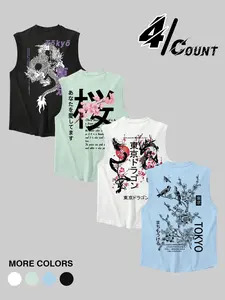Men's 4-piece round neck vest with Tokyo dragon and cherry blossom pattern screen printed clothing, Fashion, loose fit, comfortable, ideal for street style, and casual wear, durable retro printed for Japanese culture and dragon enthusiasts