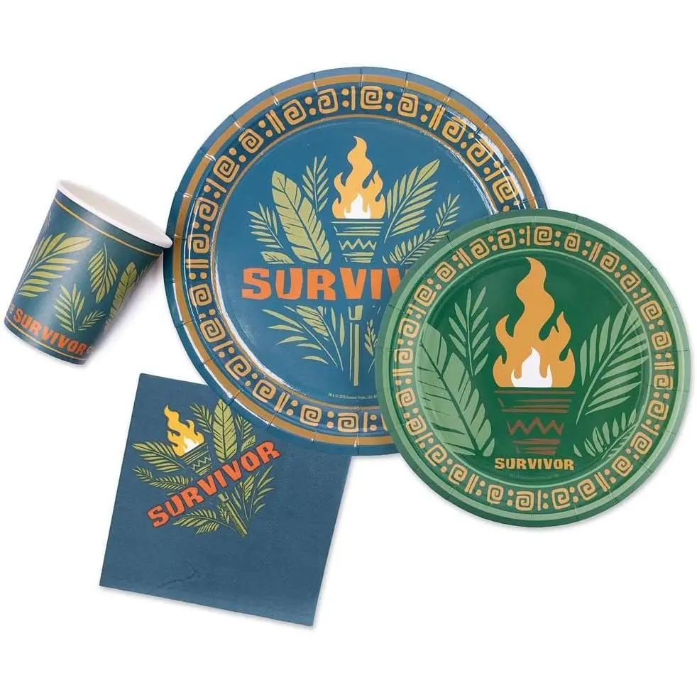 Survivor Tropical Disposable Party Kit for 10 Guests - Official Survivor Merchandise, Tiki Torch Theme, Includes Plates, Cups, Napkins & Tablecloth, Birthday Party Supplies