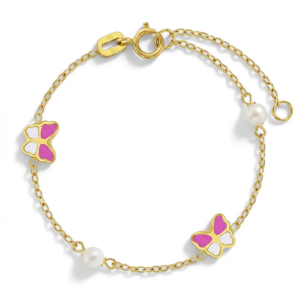 14k Gold 5.5" Pink Butterfly Baby / Toddler / Kids Bracelet Enamel