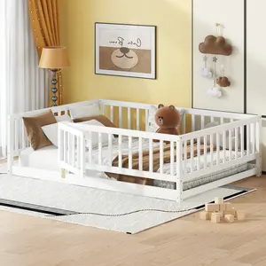 Full Size Montessori Floor Bed with Slats Fence & Door for Kids Girls Boys White Wood Sturdy Structure Easy Assembly