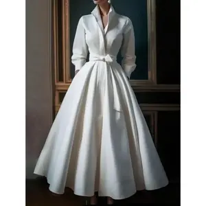 Women Elegant Shirt Dress Long Sleeve Stand Collar White Minimalist A-Line Pleated Wedding Guest Long Dresses with Blet 2024 Can be used with raincoat