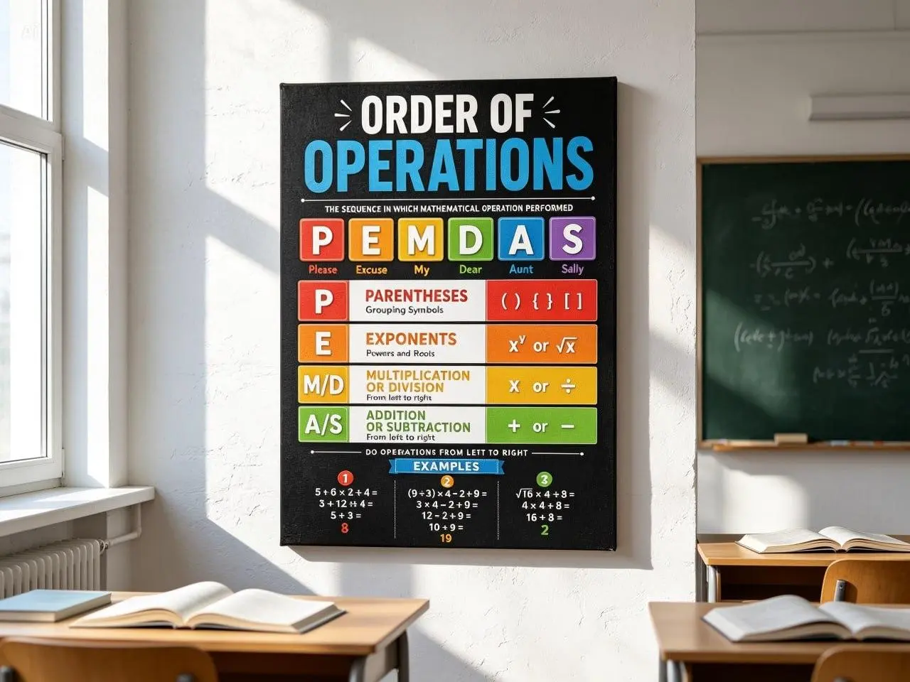 Order of Operations PEMDAS Math Poster Educational Classroom Wall Art Algebra Learning Chart Printable Math Rules Reference School Teacher Homeschool Decor Mathematics Anchor Chart Student Study Guide Classroom Supplies Unframed Print