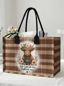 1 piece of Highland Cow 'Cow Loving Girl' 2D printed large capacity storage bag, Casual Tote Bag, Tote Handbag, Durable Tote Bag, extra large storage bag, sturdy handle, space-saving multi-purpose, suitable for use at school, business trips, shopping