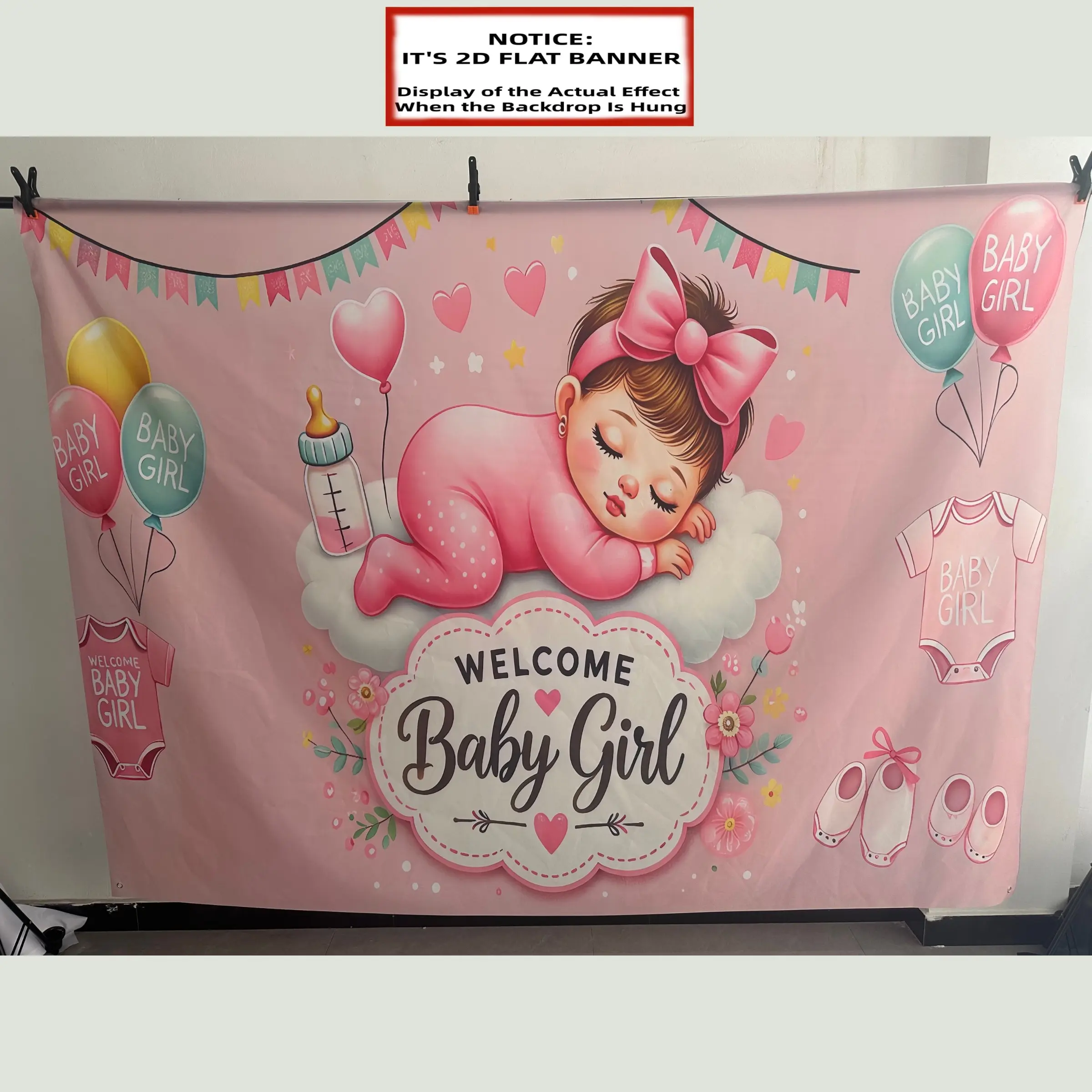 2D Flat Banner, Decorative Banner, Sweet Dreams Baby Girl Welcome Banner - Durable Polyester Party Backdrop with Pink Balloons, Heart Decorations, and 'Welcome Baby Girl' Text - Ideal for Baby Shower, Gender Reveal, Home Party Decorations