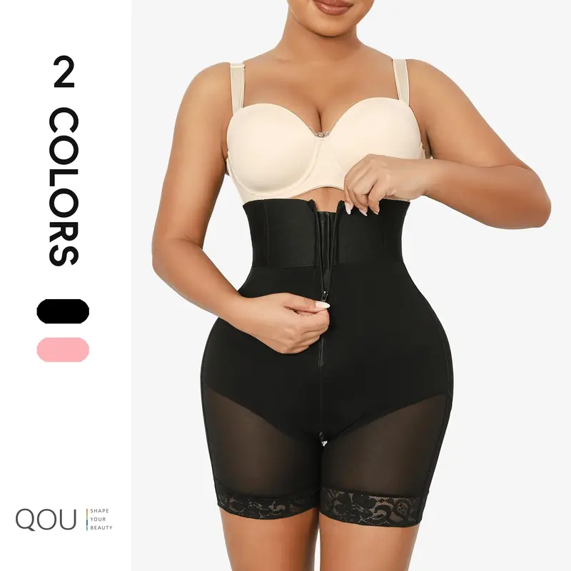 QOU Women’s Minimalist Basics Curve Hugging Compression Faja - Stays Put Highrise High-Cut Shaping Shorts, Firm Tummy Slimmer, Butt Lifting, Body Contouring Elastane Underwear for Post Surgery & Everyday Wear, Hook-Zip Shapewear for Women, Plus Size