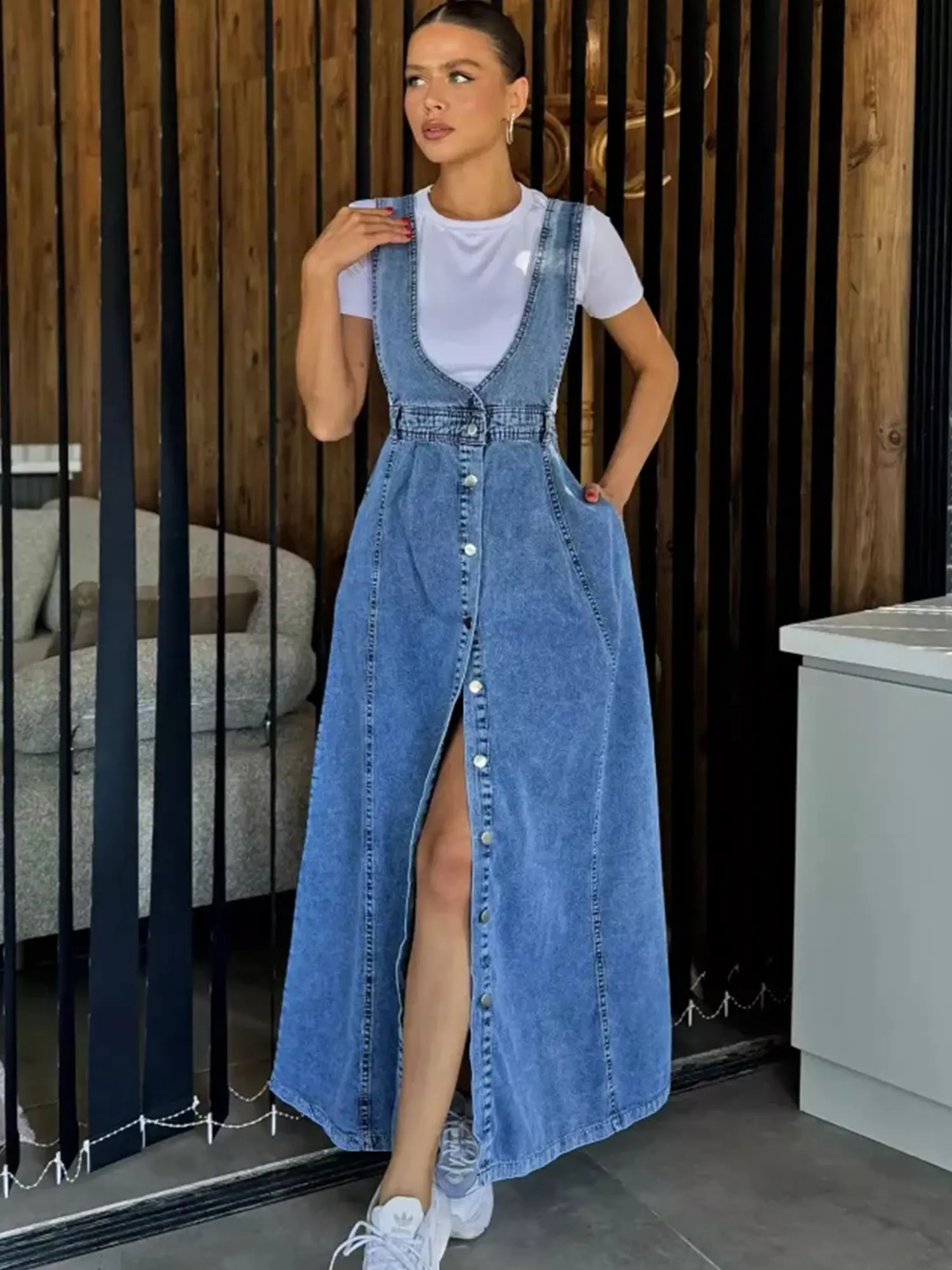 Women's Fashion Single-breasted Denim Overall Maxi Dress With Slit Hem, High Waist A-line Denim Slip Dress