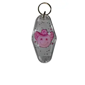 Acrylic Keychain with Vinyl Sticker of Cowgirl Smiley Face, Pink Design, Keyring Attachment