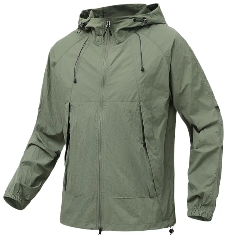 Men's Solid White Hooded Windbreaker, Full Zipper Closure, Adjustable Drawstring Hood & Hem, Zip Side Pockets, Elastic Cuffs, Light Breathable Fabric Jacket For Hiking, Travel And Daily Outfits # SummerWins