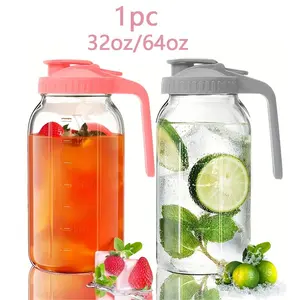 1pc Glass Mason Jar Pitcher - 32/64 oz Wide Mouth Jug with Lid and Pour Spout, Airtight Seal, Leak Proof Iced Tea Pitcher for Sun Tea, Juice, Breast Milk, Cold Beverages, Coffe Drinkware