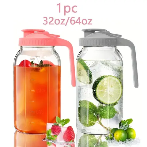 1pc Glass Mason Jar Pitcher - 32/64 oz Wide Mouth Leakproof Jug with Lid and Pour Spout, Airtight Seal, Leak Proof Serving Iced Tea Pitcher for Sun Tea, Juice, Breast Milk, Cold Beverages, Coffe Drinkware